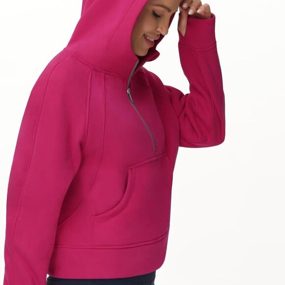 Pitaya Red Women's Half-Zip Fleece Hoodie, Small, Pockets, Thumb Holes - Picture 2 of 6